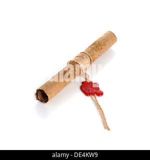 Ancient parchment scroll isolated on white background Stock Photo