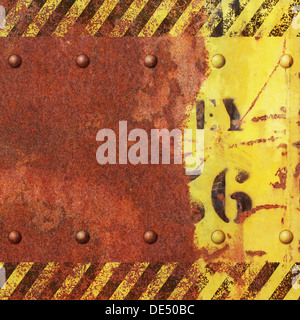 An Old Rusty Metal Background with Yellow Paint and Numbers, Letters Stock Photo