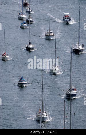 Sailing boats, pleasure craft traffic on Kiel Canal, Schleswig-Holstein Stock Photo