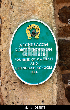 Plaque to Archdeacon Robert Johnson founder of Uppingham School, market town of Uppingham, Rutland County, England, Britain; UK Stock Photo