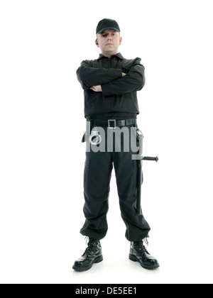 Security man wearing black uniform equipped with police club and handcuffs standing confidently with arms crossed, shot on white Stock Photo