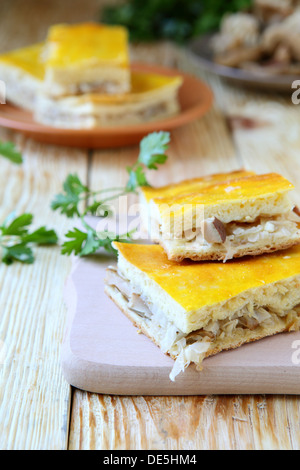 Freshly baked pie with cabbage and mushrooms, food close up Stock Photo