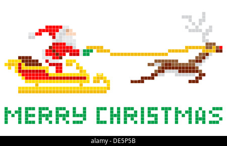 Retro 8-bit arcade video game style pixel art Christmas Santa Claus in sleigh with Merry Xmas message Stock Photo