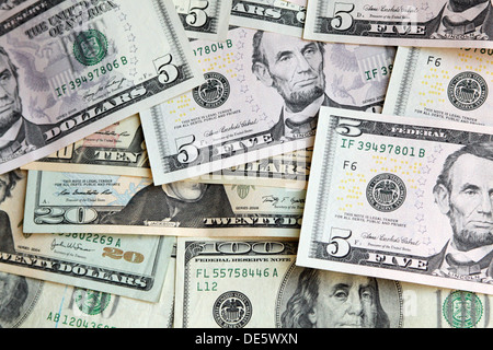 Heap of US dollars, notes of different values, money background Stock Photo