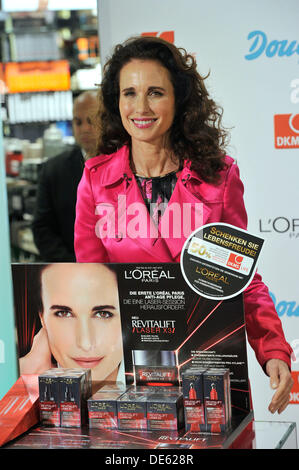 Berlin, Germany. 11th Sep, 2013. Andie MacDowell launches charity campaign in favor of DKMS Life at Douglas on the Kurfurstendamm in Berlin. © dpa picture alliance/Alamy Live News Stock Photo
