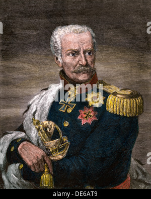 Field Marshal Gebhard Leberecht von Blucher, Prussian commander at Waterloo. Hand-colored woodcut Stock Photo
