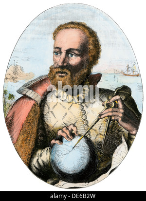 Portuguese explorer Ferdinand Magellan holding navigation instruments. Hand-colored woodcut Stock Photo