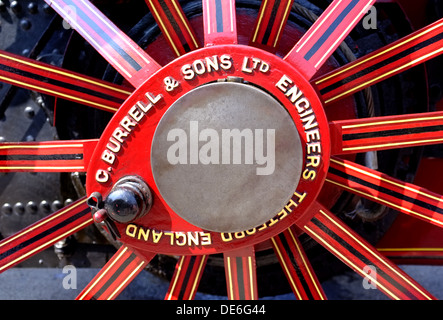 Vintage steam traction engine wheel hub detail 'G Burrell & Sons Engineers Thetford England' Stock Photo