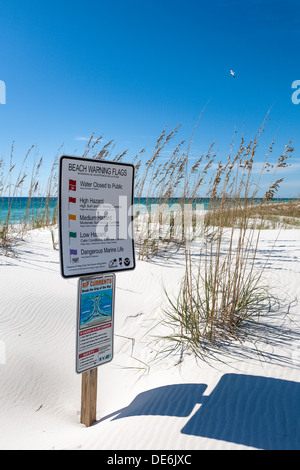 Signs on beach informs of weather warning flags and rip current dangers at Gulf Breeze, Florida Stock Photo
