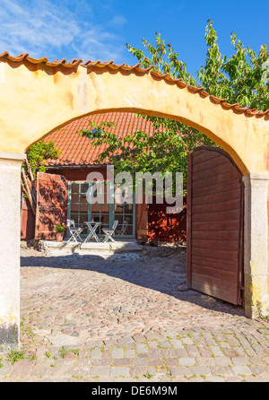 Colorful patio in Visby, a medieval town on the island of Gotland, Sweden. Stock Photo