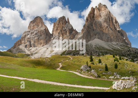 The Langkofel peaks (Sassolungo) from the Sella Pass in the Dolomites, Italy. Stock Photo