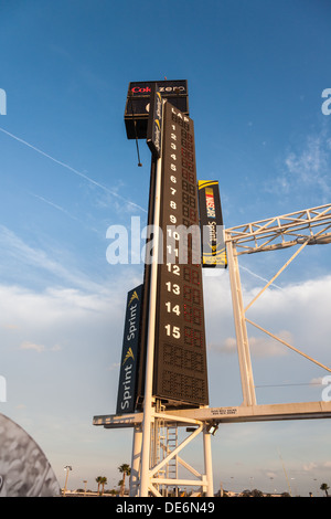 Lap counter tower indicates positions of racers at Daytona International Speedway during the 2012 Rolex 24 at Daytona, Florida Stock Photo