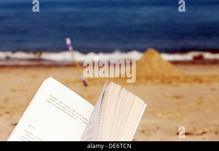 Reading a book on the beach on a summer holiday, Mundesley Beach, Norfolk East Anglia England UK Stock Photo