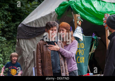 Balcombe,West Sussex, UK. 12th Sept, 2013. Amidst the turmoil and tension at Balcombe these ladies seem relaxed.... The anti fracking environmentalists are protesting against test drilling by Cuadrilla on the site in West Sussex that could lead to the controversial fracking process. Credit:  David Burr/Alamy Live News Stock Photo