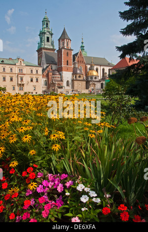 Garden at Krakow's Royal Wawel Castle with Wawel Cathedral in background. Stock Photo