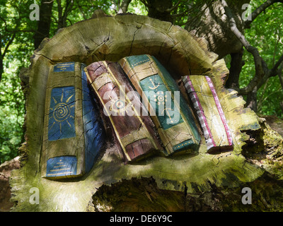 Wooden Carving of Magic Spell Books taken at Crich Tramway Village in Derbshire, United Kingdom. Stock Photo