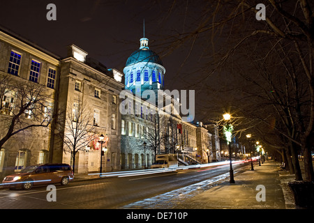 Facade of the Bonsecours Market in the Old Port of Montreal city, Canada at night with streetlights. Stock Photo
