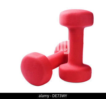 Two red plastic coated dumbells isolated on white Stock Photo