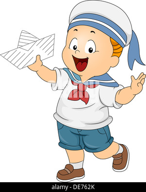 Illustration of a Boy Wearing a Sailor's Costume and Holding a Paper Boat Stock Photo