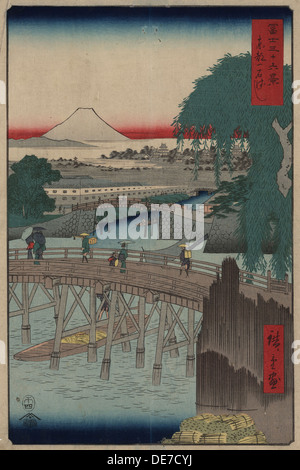 Ichikobu Bridge (From the series 36 Views of Mount Fuji), 1858. Artist: Hiroshige, Utagawa (1797-1858) Stock Photo