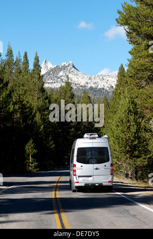 Free transportation on a hybrid shuttle bus service running in Yosemite National parks Tuolumne Meadows Stock Photo