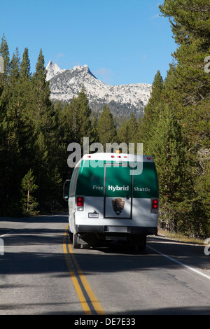 Free transportation on a hybrid shuttle bus service running in Yosemite National parks Tuolumne Meadows Stock Photo