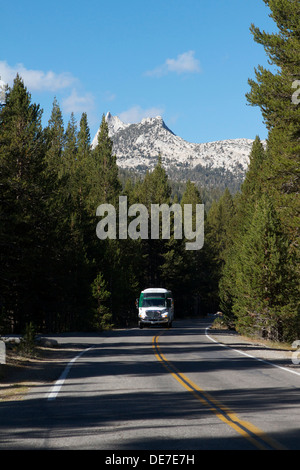 Free transportation on a hybrid shuttle bus service running in Yosemite National parks Tuolumne Meadows Stock Photo