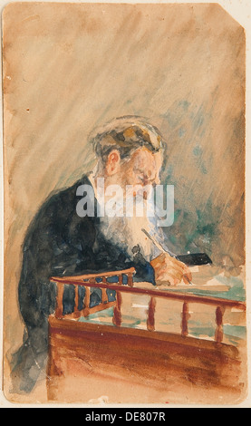Portrait of the author Leo N. Tolstoy (1828-1910), 1900s. Artist: Repin, Ilya Yefimovich (1844-1930) Stock Photo
