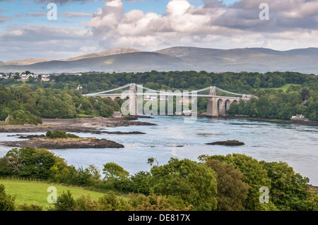 The Menai suspension bridge over the Menai Strait in Gwynedd North Wales. Stock Photo