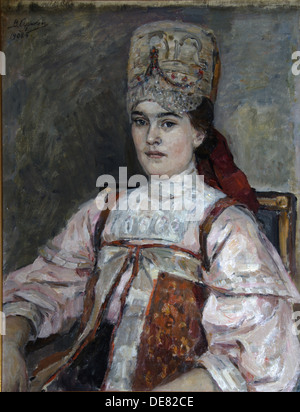 Portrait of Natalia Fyodorovna Matveyeva, 1908. Artist: Surikov, Vasili Ivanovich (1848-1916) Stock Photo