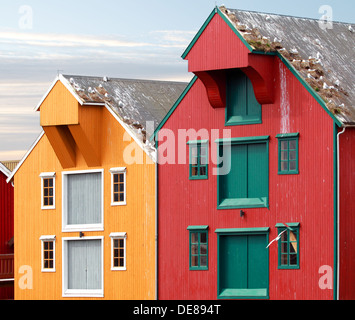 Red and yellow coastal wooden houses in Norway with seagulls nests on roofs Stock Photo