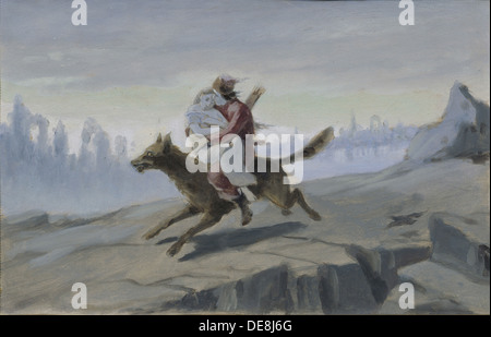 Ivan Tsarevich riding the Gray Wolf, End of 1870s-Early 1880s. Artist: Perov, Vasili Grigoryevich (1834-1882) Stock Photo