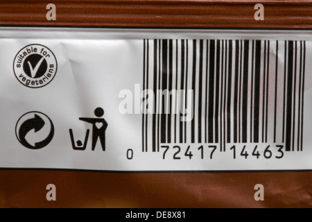 barcode bar code with symbols for recycle and suitable for vegetarians on wrapper - symbol - disposal recycling recycle logo symbol Stock Photo