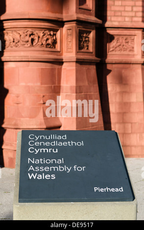 Sign for the National Assembly for Wales outside historic Pierhead Building, Cardiff Bay, Cardiff, South Glamorgan, Wales, UK Stock Photo