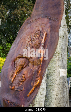 Carvings in a Copper Beech Tree in Jephson Gardens, Royal Leamington Spa which was felled after diagnosed with a fungal disease. Stock Photo
