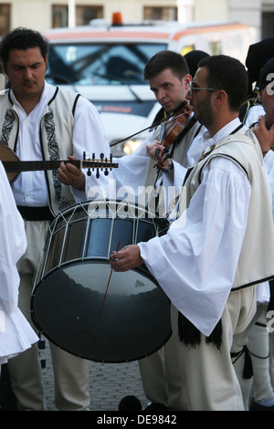 Members of the folk group Rizes in Greek national costume during the 47th Folklore Festival in Zagreb, Croatia on July 19,2013 Stock Photo