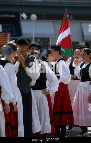 Members of folk groups Gero Axular in Basque folk costume during the 47th Folklore Festival in Zagreb, Croatia on July 18,2013 Stock Photo