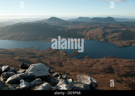 Canisp, Cul Mor and Suilven over Loch Assynt, from the Spidean Coinich top of Quinag, Sutherland, Scotland, UK. Stock Photo