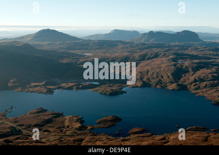 Canisp, Cul Mor and Suilven over Loch Assynt, from the Spidean Coinich top of Quinag, Sutherland, Scotland, UK. Stock Photo