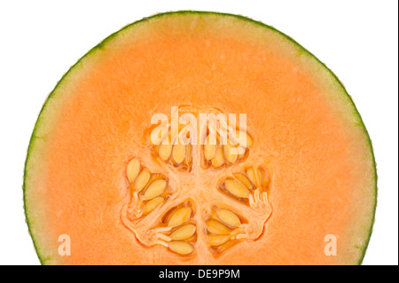 One half of an orange honeydew melon isolated in white background Stock Photo