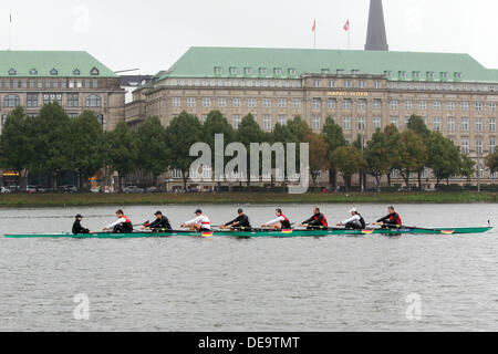 Hamburg, Germany. 14th Sep, 2013. Germany's eight-man team Maximilian Munski (R-L), Kristof Wilke, Lauritz Schoof, Malte Jakschik, Anton Braun, Felix Drahotta, Richard Schmidt, Eric Johannesen and Martin Sauer take off on the Inner Alster Lake during the Altercup 270 meter sprint rowing competition in Hamburg, Germany, 14 September 2013. Germany came in firest past the USA and Poland. Photo: BODO MARKS/dpa/Alamy Live News Stock Photo