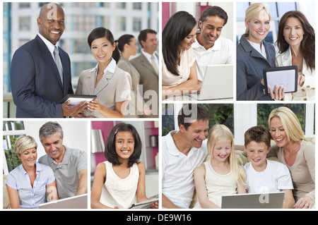 Montage of men women children families businessmen & businesswomen using modern computer technology & communications equipment Stock Photo