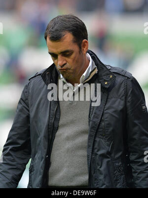 Bremen, Germany. 14th Sep, 2013. Bremen's head coach Robin Dutt after the German Bundesliga match between Werder Bremen and Eintracht Frankfurt at Weser Stadium in Bremen, Germany, 14 September 2013. Photo: CARMEN JASPERSEN (ATTENTION: Due to the accreditation guidelines, the DFL only permits the publication and utilisation of up to 15 pictures per match on the internet and in online media during the match.)/dpa/Alamy Live News Stock Photo