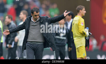 Bremen, Germany. 14th Sep, 2013. Bremen's head coach Robin Dutt after the German Bundesliga match between Werder Bremen and Eintracht Frankfurt at Weser Stadium in Bremen, Germany, 14 September 2013. Photo: CARMEN JASPERSEN (ATTENTION: Due to the accreditation guidelines, the DFL only permits the publication and utilisation of up to 15 pictures per match on the internet and in online media during the match.)/dpa/Alamy Live News Stock Photo