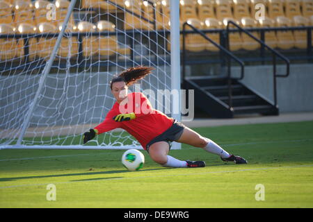 Kennesaw, Georgia.  USA.   September 13, 2013.   Ole Miss goalie warms up prior to Ole Miss' 2-1 win over Kennesaw State at Fifth Third Bank Stadium.  Women's NCAA Division I Soccer. Stock Photo