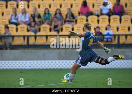 Kennesaw, Georgia.  USA.   September 13, 2013.   KSU goalie Olivia Sturdivant puts the ball in play during Ole Miss' 2-1 win over Kennesaw State at Fifth Third Bank Stadium.  Women's NCAA Division I Soccer. Stock Photo