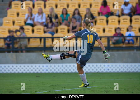 Kennesaw, Georgia.  USA.   September 13, 2013.   KSU goalie Olivia Sturdivant puts the ball in play during Ole Miss' 2-1 win over Kennesaw State at Fifth Third Bank Stadium.  Women's NCAA Division I Soccer. Stock Photo