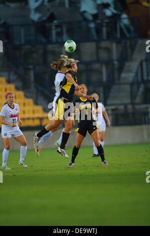 Kennesaw, Georgia.  USA.   September 13, 2013.   Players battle for the ball during Ole Miss' 2-1 win over Kennesaw State at Fifth Third Bank Stadium.  Women's NCAA Division I Soccer. Stock Photo