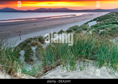 Last Light on Harlech Beach, Tremadog Bay and Sunset Over The Lleyn Peninsula, North Wales, UK Stock Photo