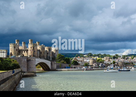 View of Conwy Castle and harbour on the river estuary, Conwy, North Wales, UK Stock Photo